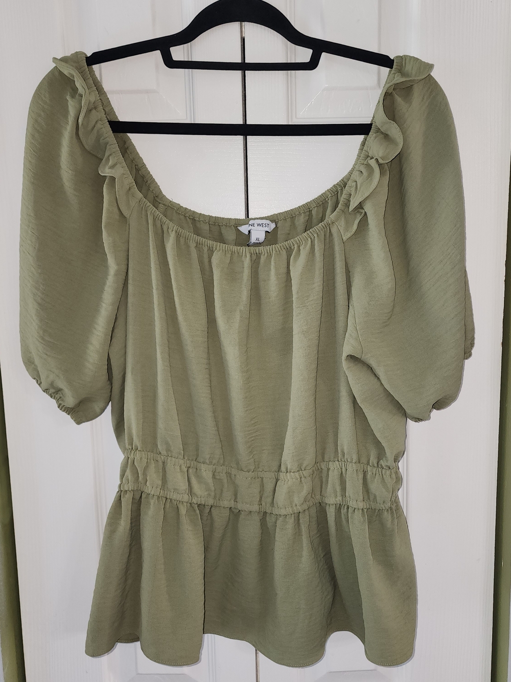 Nine West Olive Baby Doll Green Peplum Blouse Size XL Boho Festival